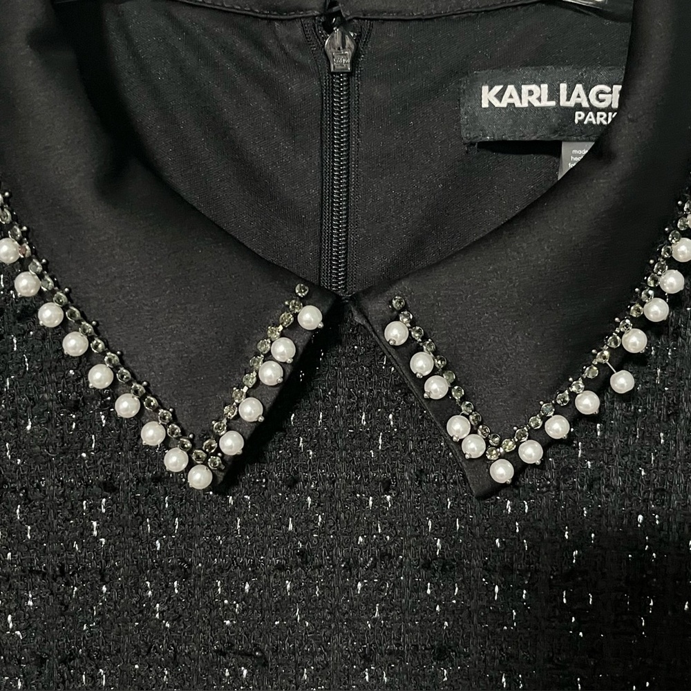 Karl Lagerfeld Paris short-sleeve bouclé-tweed Peter Pan collar A-line dress - Picture 2 of 9